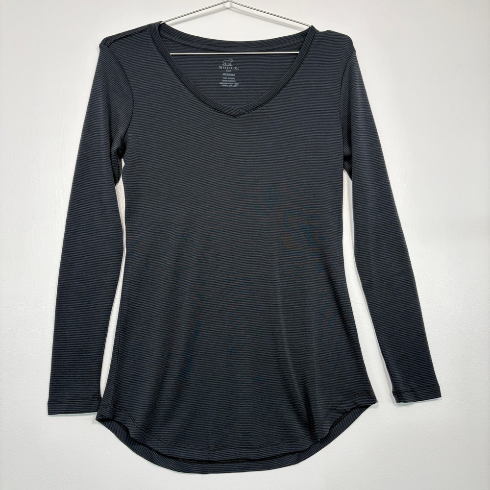 Woolx Womens Eva Tuniuc Top Sz M Charcoal Grey Striped 100% Merino Wool V-Neck